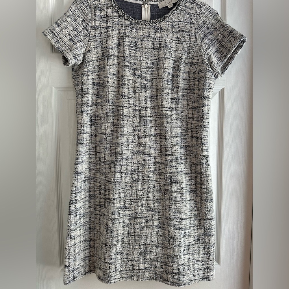 LOFT Black White Tweed Shift Dress | Parisian Chic Mini | Textured Bouclé Style - Picture 5 of 9
